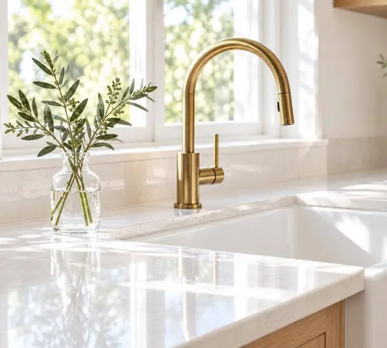 A spotless kitchen sink and stone counter in morning light